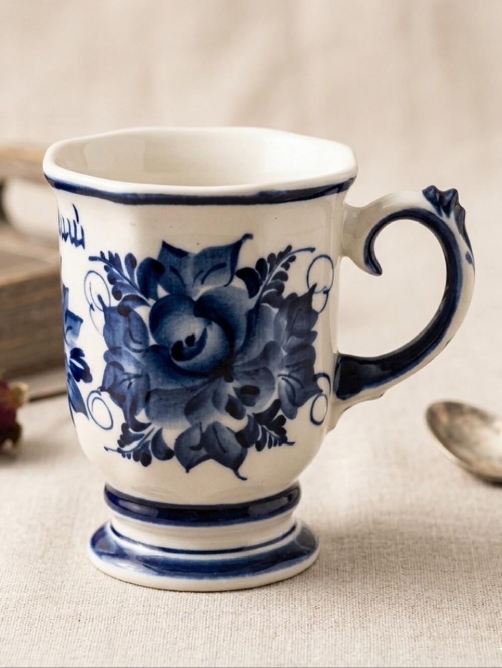 Authentic Gzhel Russian Porcelain Hand-Painted Blue Floral Tea Cup